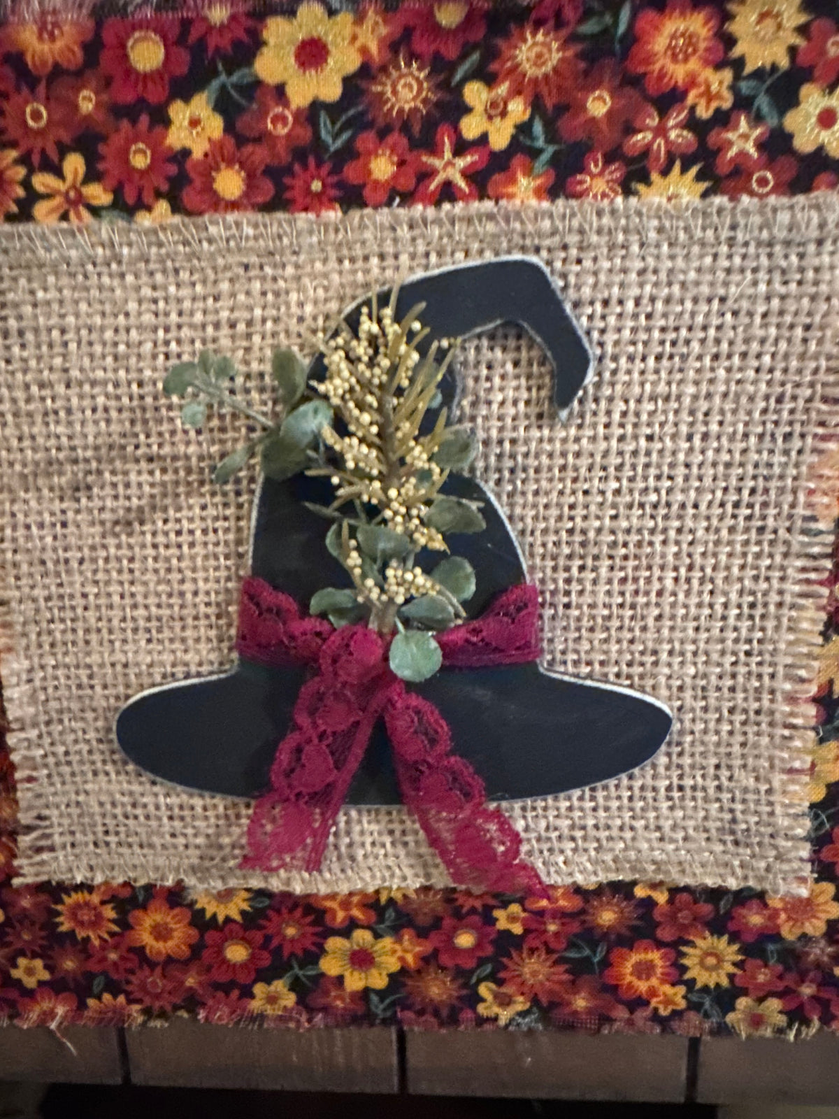 Autumn Floral Witch Hat Wall Art - Rustic Fall Home Decor