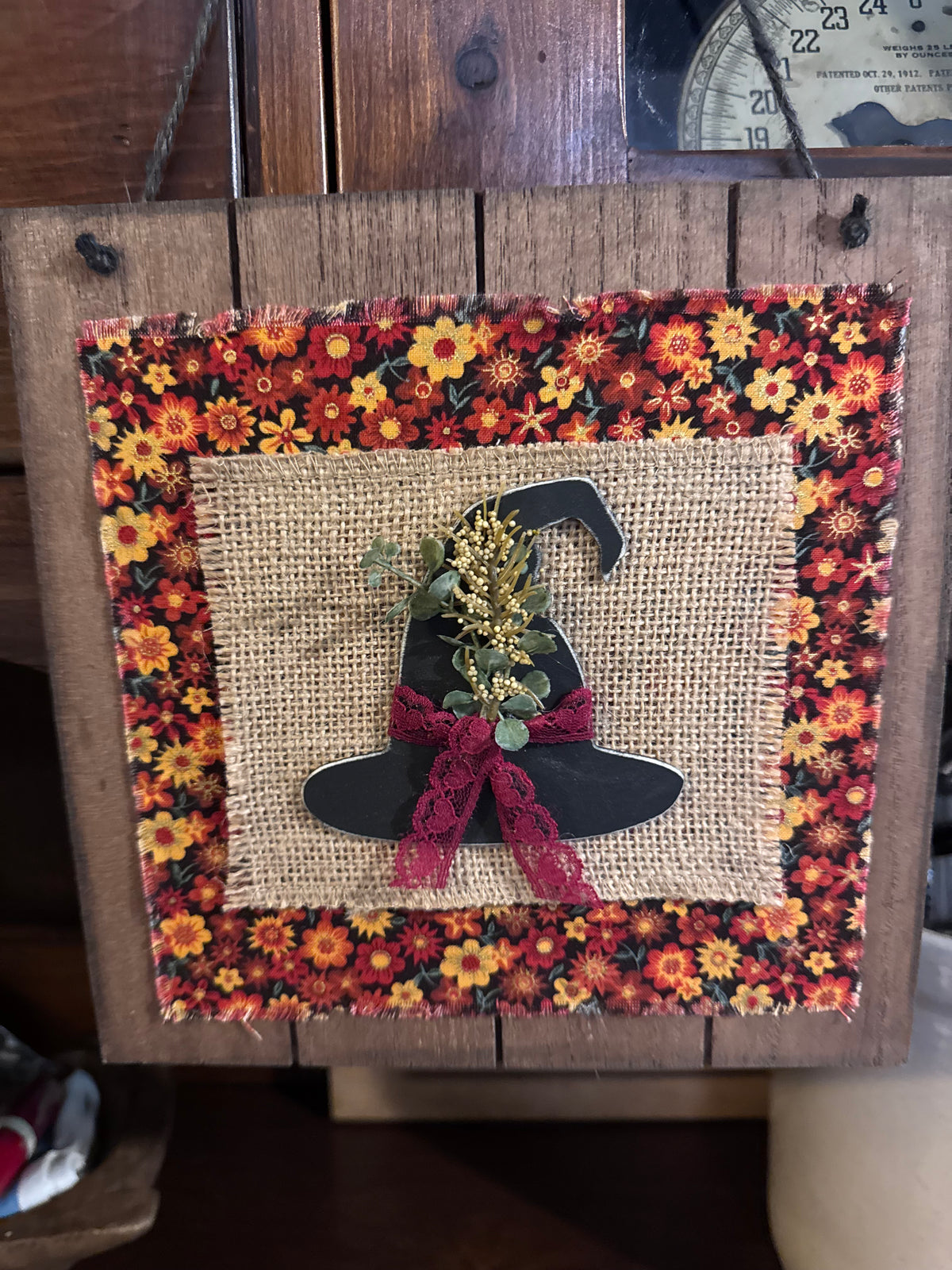 Autumn Floral Witch Hat Wall Art - Rustic Fall Home Decor