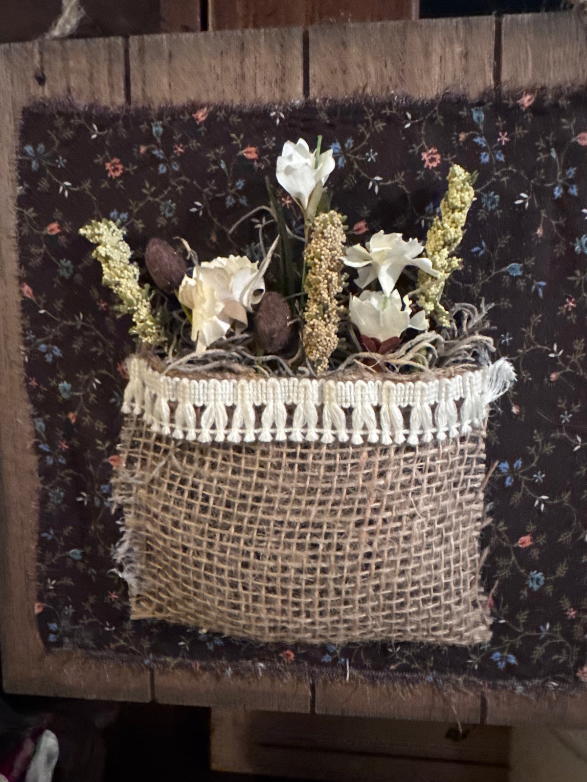 Rustic Burlap Pocket Wall Art with Dried Flowers