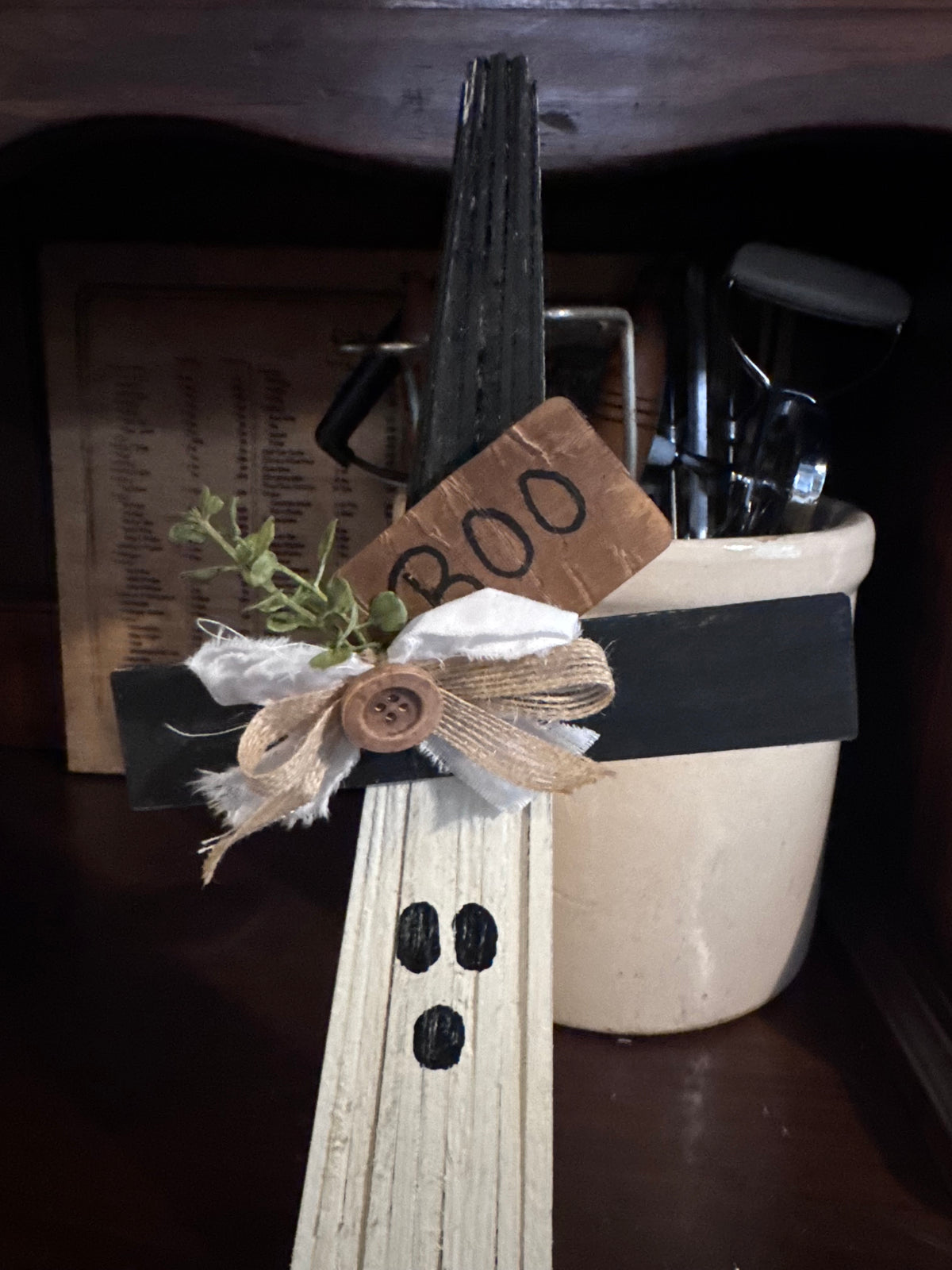 Handcrafted Holiday Wooden Shim Ghost Black & White (#1) Farmhouse Rustic