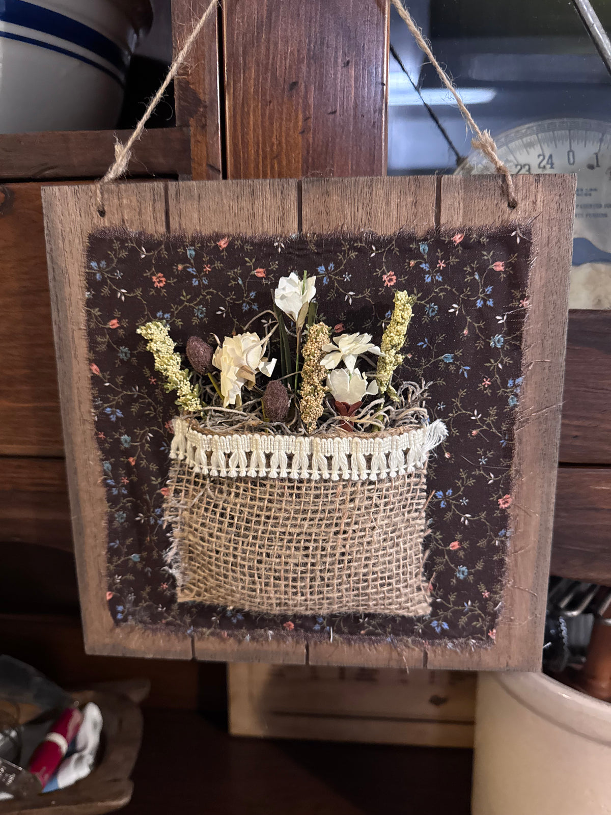 Rustic Burlap Pocket Wall Art with Dried Flowers