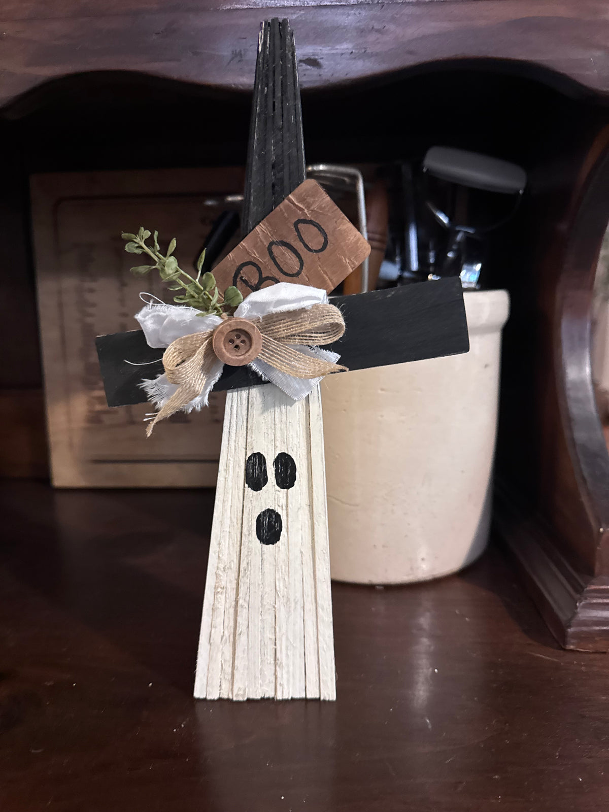 Handcrafted Holiday Wooden Shim Ghost Black & White (#1) Farmhouse Rustic